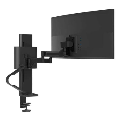 Czarny uchwyt biurkowy do monitora z regulacją i portami USB, idealny do home office