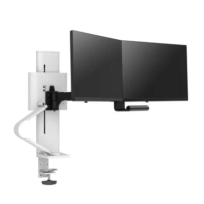biały uchwyt biurkowy do dwóch monitorów, regulowany, idealny do home office