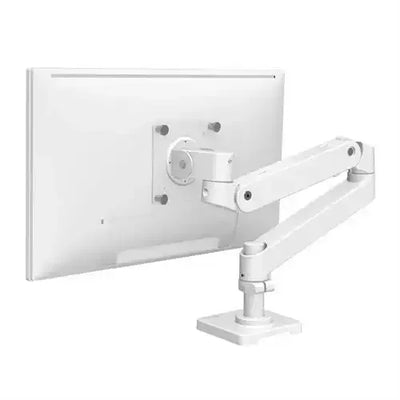Biały uchwyt biurkowy do monitora, regulowane ramię, ergonomiczne akcesorium do home office