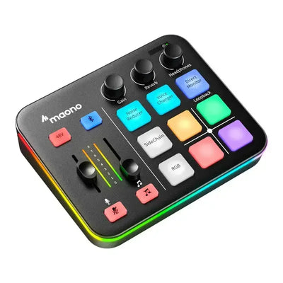 Konsola audio Maono z podświetleniem RGB, przyciski funkcyjne, pokrętła, sprzęt do nagrań live