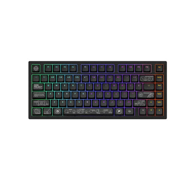 Czarna klawiatura mechaniczna RGB z kolorowym podświetleniem i niestandardowymi keycapami.