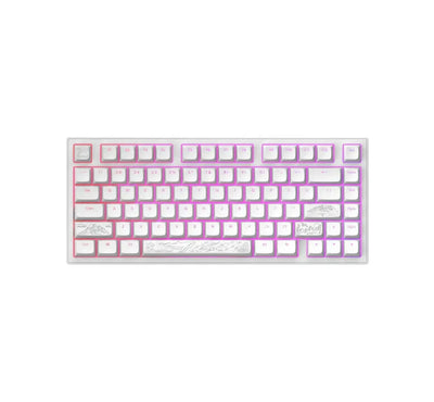 Biała klawiatura mechaniczna z podświetleniem RGB i ozdobnymi keycapami z grafikami