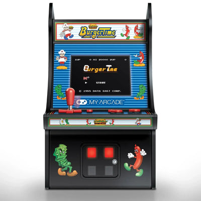 Mini automat do gier BurgerTime z kolorowym joystickiem, retro design, postacie z gry na obudowie.
