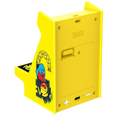 Żółty stojak na biurko w kształcie automatu z motywem retro gry Pac-Man, porty ładowania
