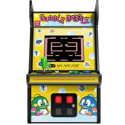 Mini automat arcade Bubble Bobble z joystickiem i kolorowymi przyciskami, motyw gry retro