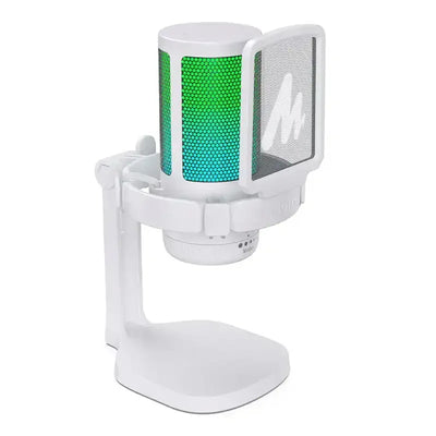 Biały mikrofon biurkowy z podświetleniem RGB i pop filtrem, idealny do home office