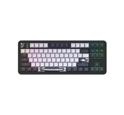 Klawiatura mechaniczna RGB z białymi i czarnymi keycapami, motywem miecza i podświetleniem.