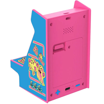 Różowa mini automat retro Ms. Pac-Man, dekoracja do biurka, kolorowe grafiki na boku