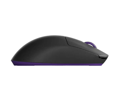 Czarna mysz bezprzewodowa z fioletowymi akcentami, ergonomiczna do biura i home office