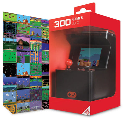 Mini konsola retro arcade z 300 grami, joystickiem i kolorowymi ekranami gier, pudełko prezentowe