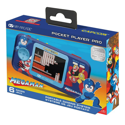Konsola przenośna do gier retro Mega Man, opakowanie z grafikami bohaterów i ekranem gry.