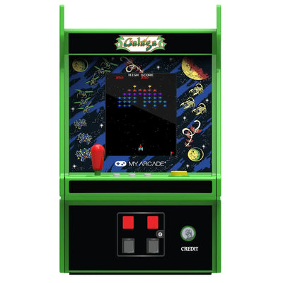 Zielony automat arcade Galaga, retro konsola do gier z joystickiem i kolorowym ekranem.