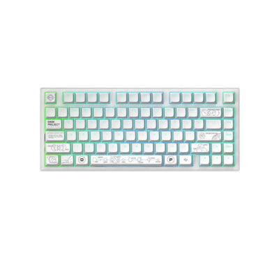 Klawiatura mechaniczna z podświetleniem RGB, białe keycapy z grafikami, minimalistyczny design.