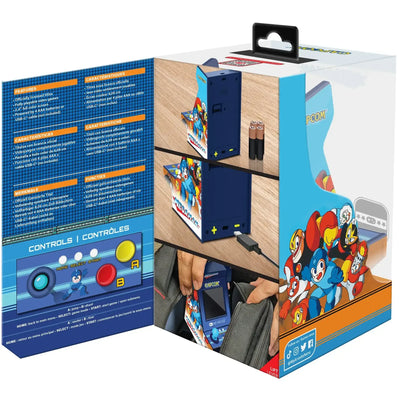 Miniaturowa konsola arcade Mega Man na opakowaniu, kolorowa grafika z bohaterami retro gier wideo