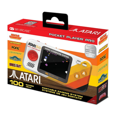 Konsola przenośna Atari Pocket Player Pro na opakowaniu, 100 gier retro, kluczowe tytuły