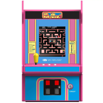 kolorowy automat do gry retro Ms. Pac-Man, żółty joystick, pikselowa plansza gry