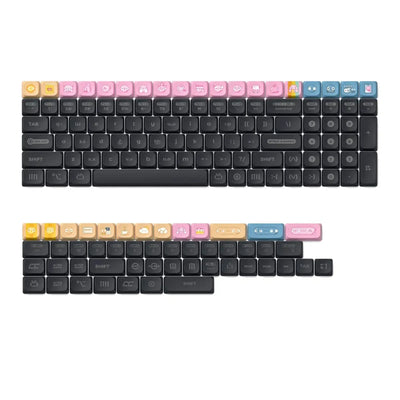 Kolorowe keycapy z motywem zwierząt na czarnej klawiaturze mechanicznej, akcesoria do desk setupu.