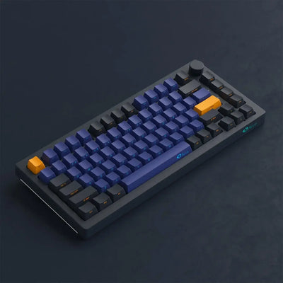 mechaniczna klawiatura biurowa z niebiesko-czarnymi i żółtymi keycapami, minimalistyczny design