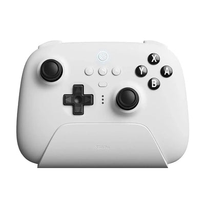Biały bezprzewodowy gamepad do komputera, pady i przyciski, stojak, akcesoria biurowe
