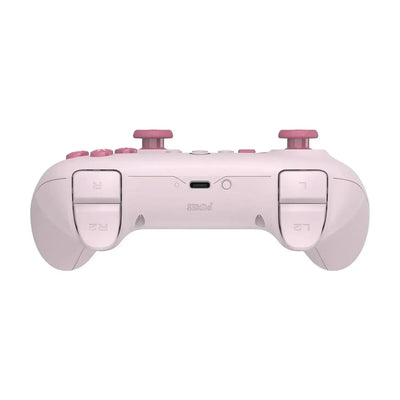 Różowy kontroler do gier 8BitDo z przyciskami i portem USB-C, widok od tyłu
