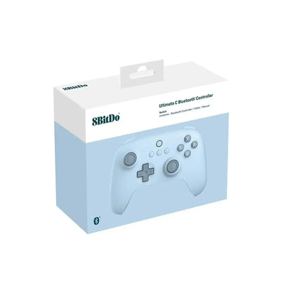 Opakowanie bezprzewodowego gamepada Bluetooth 8BitDo, jasnoniebieskie pudełko.