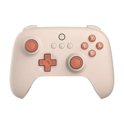 Beżowy kontroler do gier z różowymi przyciskami, nowoczesny gamepad na biurko