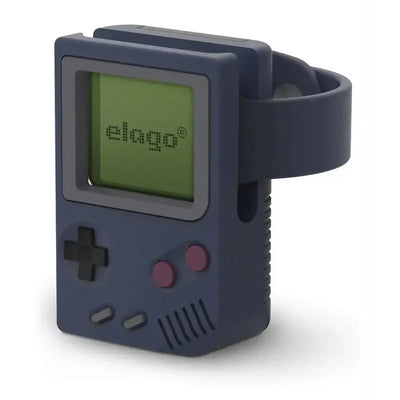 Stacja dokująca do ładowania zegarka w kształcie retro konsoli do gier, stylizowana na Game Boy.