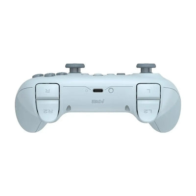 biały bezprzewodowy gamepad z portem USB-C i przyciskami L1, L2, R1, R2, widok z tyłu