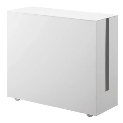 Biały organizer na kable z kółkami, minimalistyczny box biurowy do home office.