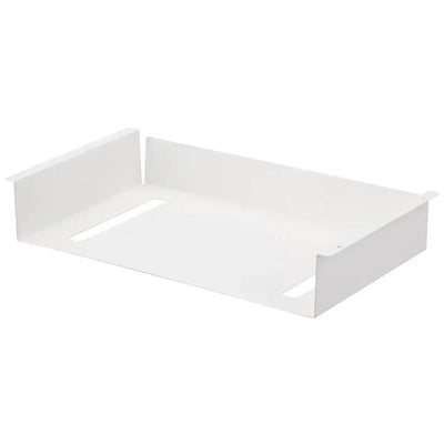 Biała półka pod biurko do organizacji kabli i akcesoriów, metalowa, minimalistyczna