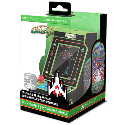 Przenośna retro konsola arcade Galaga w opakowaniu, idealna do domowego biura.