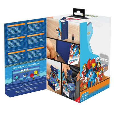Opakowanie mini automatu arcade Mega Man, z instrukcjami i kolorową grafiką retro.