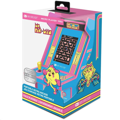 Przenośna retro konsola arcade Ms. Pac-Man w kolorowym opakowaniu, mini automat do gier