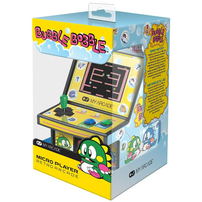 Miniaturowy automat arcade Bubble Bobble, kolorowe opakowanie, retro konsola do gier.