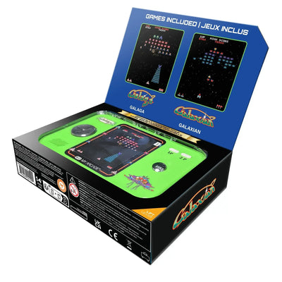 Zielona konsola retro do gier arcade Galaga i Galaxian w opakowaniu, vintage elektronika