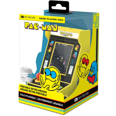 Przenośna retro konsola Pac-Man Nano Player Pro w żółtym opakowaniu, gadżet gamingowy do biura