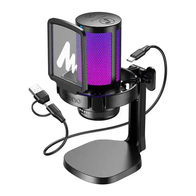 Mikrofon biurkowy USB z podświetleniem RGB, statywem i pop filtrem, idealny do home office