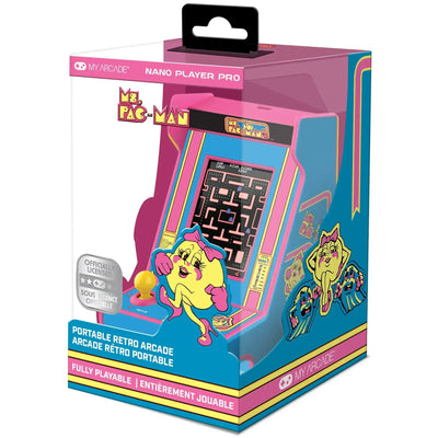 Przenośna retro konsola arcade Ms. Pac-Man w kolorowym opakowaniu, mini automat do gier