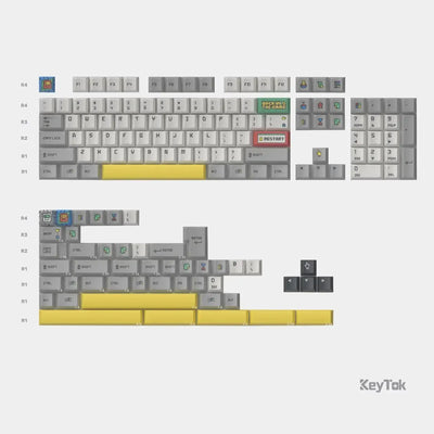 Zestaw keycapów do klawiatury mechanicznej, szare i żółte, z grafikami gamingowymi