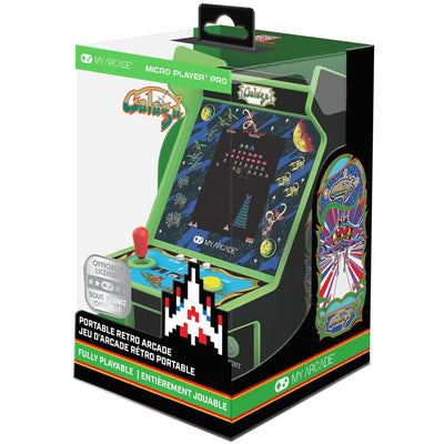 Miniaturowa konsola arcade Galaga do gier retro, joystick, kolorowa obudowa, opakowanie.