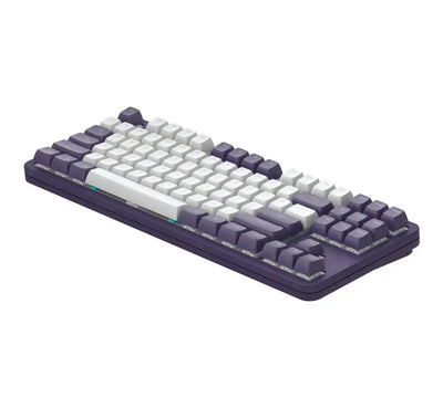 Fioletowo-biała klawiatura mechaniczna do biura, ergonomiczny desk setup.