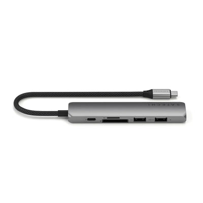 Srebrny adapter USB-C 6w1 z portami HDMI, USB, czytnikiem kart, do biura i laptopa