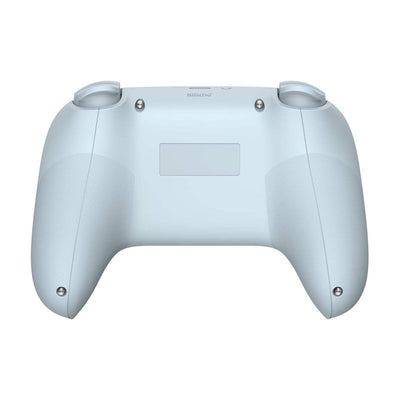 Jasnoniebieski kontroler do gier widok od tyłu, ergonomiczny design, teksturowane uchwyty
