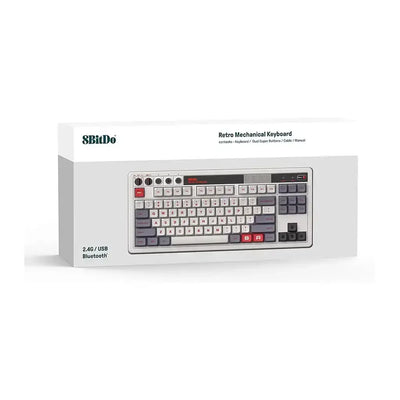 Pudełko z retro klawiaturą mechaniczną 8BitDo, bezprzewodową Bluetooth USB, w stylu vintage.