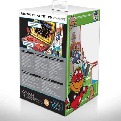 Opakowanie retro konsoli arcade Micro Player z kolorowym ekranem i rysunkami postaci z gry.