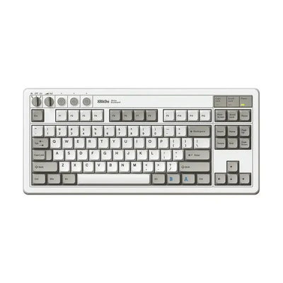 Klawiatura mechaniczna 8BitDo Retro, biała z szarymi keycapami, styl vintage, kompaktowa.