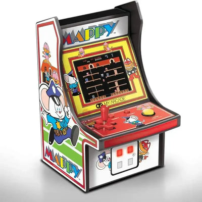 Miniaturowy automat arcade Mappy z joystickiem, kolorową grafiką i retro ekranem gry.