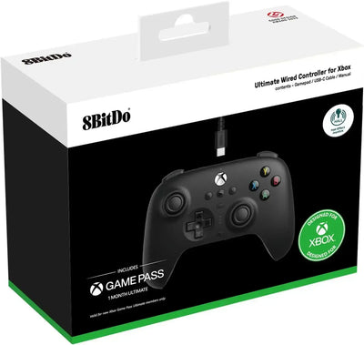 Przewodowy kontroler do Xbox 8BitDo, czarny gamepad z kablem USB-C, opakowanie produktowe