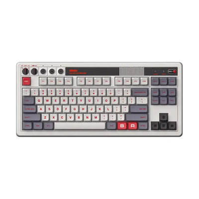 mechaniczna klawiatura retro, szaro-czerwona, układ TKL, personalizowane keycapy