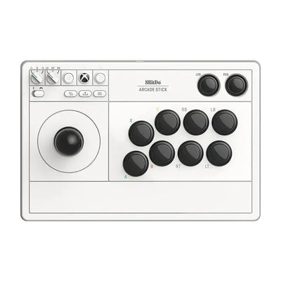 Biały arcade stick z joystickiem i czarnymi przyciskami, kontroler do gier retro